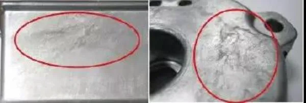 Smoky die-cast blackening on alloy part from oil smoke contamination